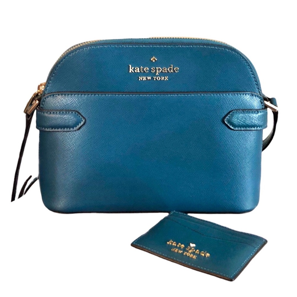 Kate Spade Set 2 Pc Staci Dome Crossbody Cardholder Saffiano Leather Peacock